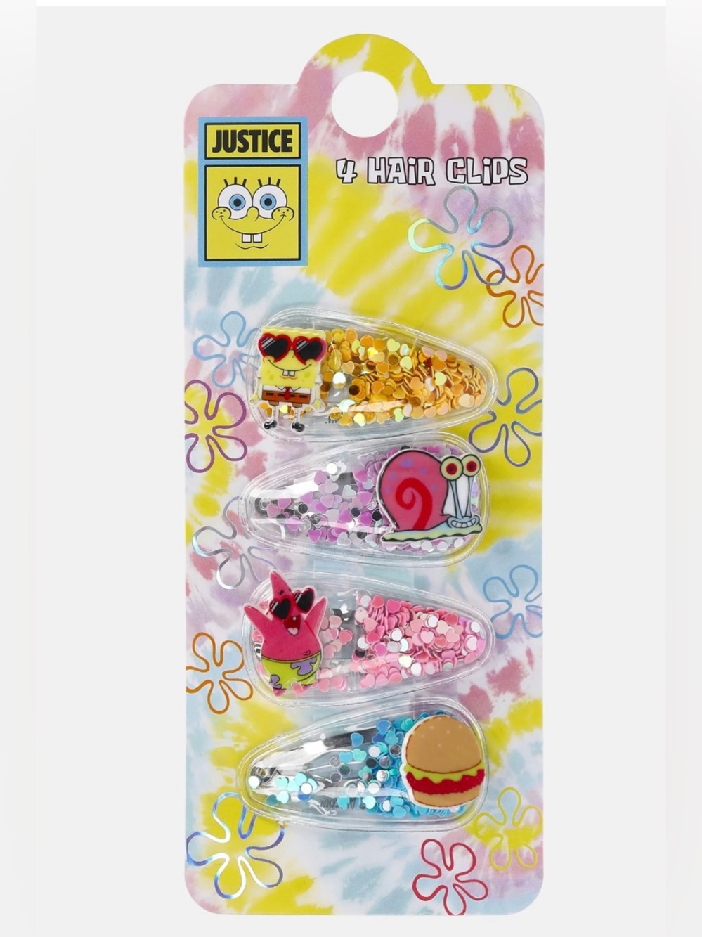 NWT Justice SpongeBob SquarePants Glitter Shaker Snap Hair Clips 4 Pack